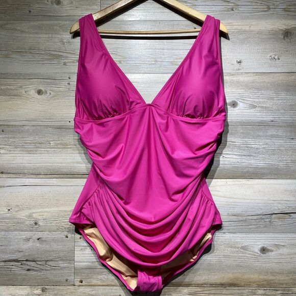 J Crew Ruched V-Neck One Piece Swimsuit Shaping Fuchsia Pink Plus Size 20 BC116 - Picture 4 of 8